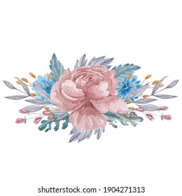 Pink Rose And Blue Chrysanthemum Bouquet Watercolor Illustration. Blush And Blue Flowers With Green Leaves Border Isolated On White Background.