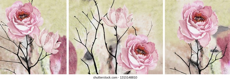 Pink Rose Collection Designer Oil Paintings Stock Illustration ...