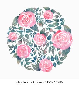 Pink Rose Vine Watercolor Illustration Isolated In Circle Shape, Botanical Rose Painting With Green Leaves, Roses In Garden For Printing Or Card Design On White Background, Romantic Pink Flowers.