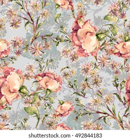 Pink roses and blue flower watercolor seamless pattern