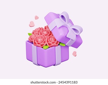 Pink roses flowers bouquet in purple gift box. Happy Mother's Day decoration element icon isolated. 3D illustration - Powered by Shutterstock