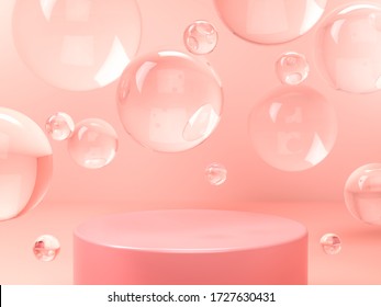 Pink round stage, pedestal or podium and water and glass bubbles or spheres in pink studio. 3D render. Background or mockup for cosmetics or fashion. Use for product identity, branding and presenting