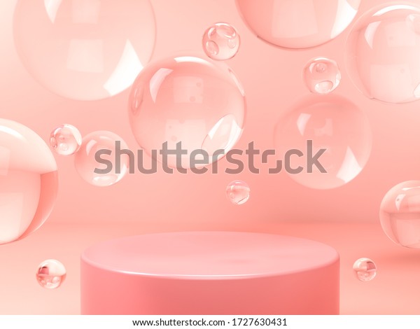 ピンクのスタジオでは ピンクの丸いステージ 台座または台座 水とガラスの泡 または球 3dレンダリング 化粧品やファッションの背景またはモックアップ 製品のid ブランド化 およびプレゼンテーションに使用 のイラスト素材