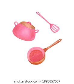 Pink Saucepan, Frying Pan And Spatula. Set Of Kitchen Tools, Cooking Utensils, Kitchenware. Objects Are Isolated On A White Background. The Illustration Is Drawn In Watercolor By Hand.