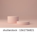 Pink shapes on pastel colors abstract background. Two minimal cylinder podium. Scene with geometrical forms. Empty showcase for cosmetic product presentation. Fashion magazine. 3d render. 