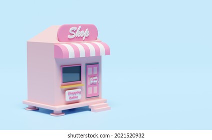 pink shop or store front isolated on blue pastel background. Startup franchise business, online shopping concept, 3d illustration or 3d render