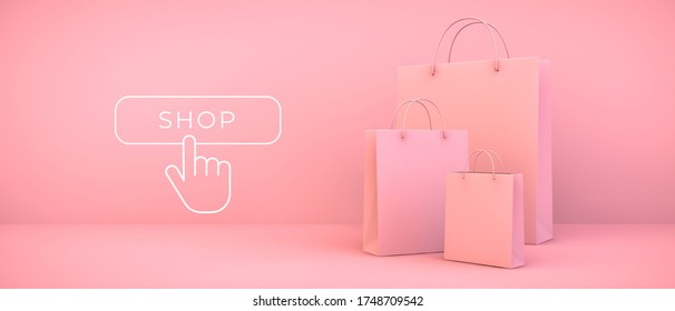 Pink Shopping Bags 3d Rendering With Button Illustration