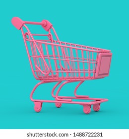 Pink Shopping Cart Trolley Mock Up Duotone on a blue background. 3d Rendering