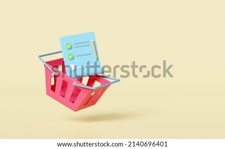 pink shopping carts or basket with clipboard, checklist, check, list, pencil isolated on yellow background. Concept 3d illustration or 3d render