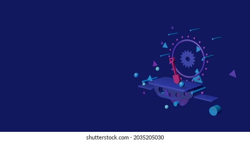 Pink Shovel Symbol On A Pedestal Of Abstract Geometric Shapes Floating In The Air. Abstract Concept Art With Flying Shapes On The Right. 3d Illustration On Indigo Background