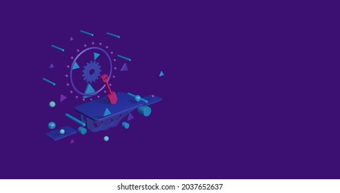 Pink Shovel Symbol On A Pedestal Of Abstract Geometric Shapes Floating In The Air. Abstract Concept Art With Flying Shapes On The Left. 3d Illustration On Deep Purple Background