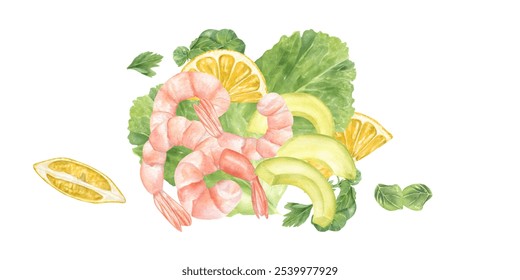 Pink Shrimps, fresh herbs, avocado and lemon slices dish watercolor illustration. Flavorful oregano, basil, parsley, lettuce salad leaf for seafood. Care food for culinary projects, menu, recipes - Powered by Shutterstock