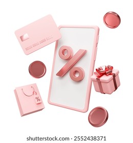 Pink Smartphone with credit card, shopping bag, discount coupon,  gift box.Valentine day discount, suitable for promotion of digital stores, Online shopping on social media app. 3d render	 - Powered by Shutterstock