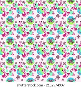 Pink Snake And Mandala Are Designed In Seamless Pattern