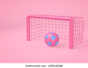 Pink Soccer Ball And Goal On Pink Background.  Minimal Sport Concept. 3D Rendering