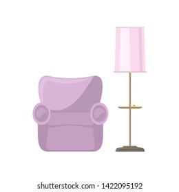 Pink Soft Cozy Armchair And Floor Lamp With Pink Lamp Shade Isolated On White Background,  Illustration