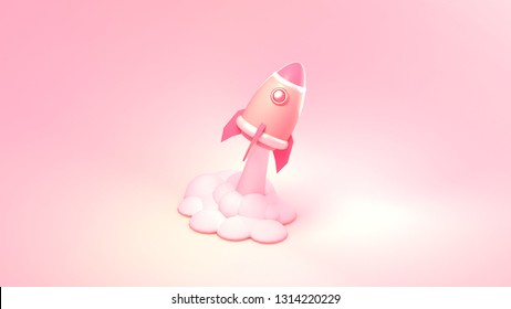 Pink Space Rocket Sculpture. 3d Rendering Picture.