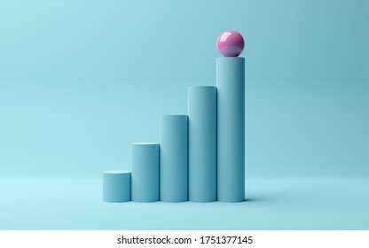 Pink Sphere On Rising Bar Graph Of Cylinders On Blue Background, Abstract Modern Minimal Success, Growth, Progress Or Achievement Concept, 3D Illustration