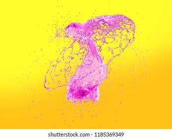 Pink Splash On Yellow Orange Background. 3d Render Illustration For Advertising Drink. Splashes Of Sweet Soda Liquid To Promote The Commercial Product. 