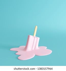 Pink stick ice cream melting on pastel blue background. Minimal summer concept. 3d rendering