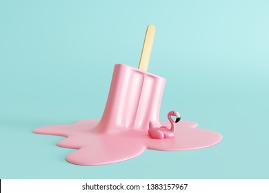 Pink stick ice cream melting with flamingo float on pastel blue background. Creative idea minimal summer concept. 3d rendering - Powered by Shutterstock