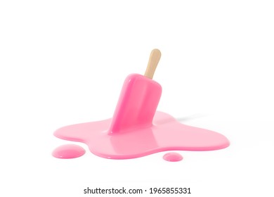 Pink stick ice cream melting on white background 3d rendering. 3d illustration Summer minimal concept.