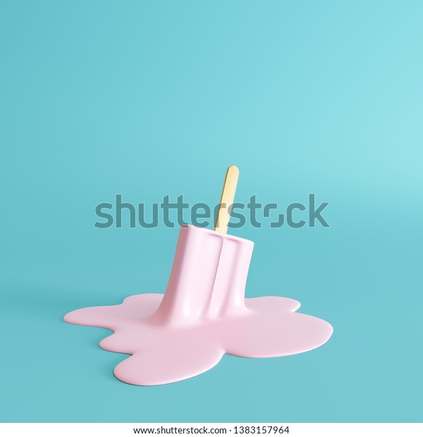 Pink stick ice cream melting on\
pastel blue background. Minimal summer concept. 3d\
rendering