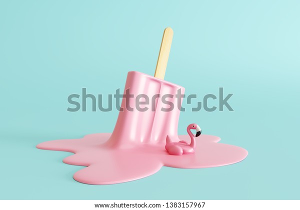 Pink stick ice cream melting with flamingo\
float on pastel blue background. Creative idea minimal summer\
concept. 3d\
rendering