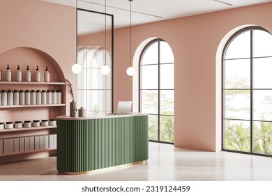 Pink stylish salon interior with reception desk and shelf with bottles, side view arch panoramic window on tropics. Barber shop with modern furniture on concrete floor. 3D rendering - Powered by Shutterstock