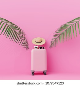 Pink suitcase with traveler accessories and coconut leaves on pastel pink background. travel concept.minimal style. 