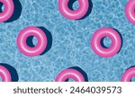 Pink swimming rings in the empty clear pool. Fresh clear water. Summer holidays banner. Swimming pool top view. 3d render. 3D Illustration