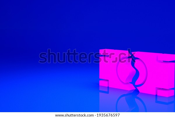 Pink Tearing apart money banknote into two peaces\
icon isolated on blue background. Minimalism concept. 3d\
illustration 3D\
render.