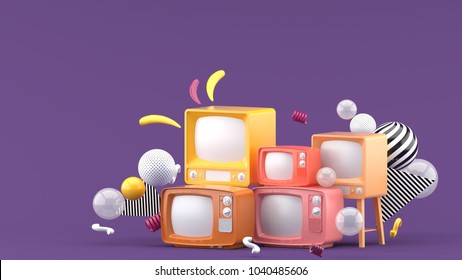 Pink Television Among The Colorful Balls On The Purple Background.-3d Render.