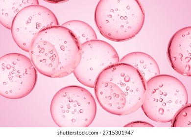 Pink translucent spheres with internal bubbles floating in liquid, ideal for beauty campaigns, cosmetic science visuals, and soft modern abstract design use