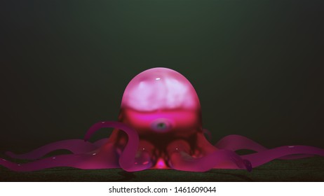 Pink Transparent Alien With Tentacles Brain An Eyeball In A Green Foggy Environment 3d Illustration 3d Render  