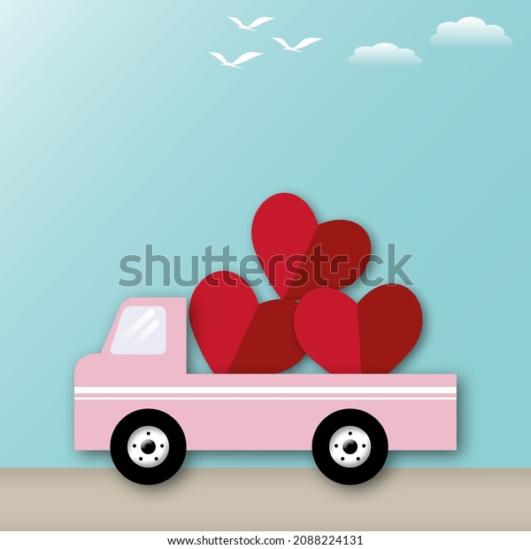 Pink truck with red heart and cloud on pastel\
background. Greeting card for Wedding, Valentine, Mother\'s and\
Father\'s day, birthday, poster, love concept. space for the text.\
paper art design\
style.