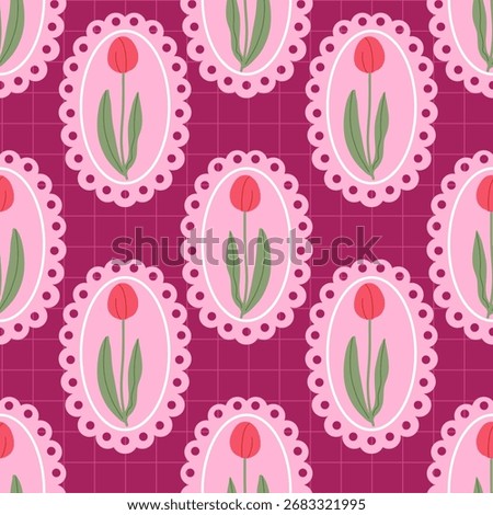 Pink tulip floral pattern background. Seamless design with cute oval frames and grid backdrop. Aesthetic tulip pattern background. Perfect for fabric, wallpaper, and spring decoration.