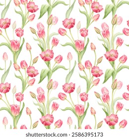 Pink tulips in a seamless pattern. Spring flowers in a complex pattern for textiles and packaging. Watercolor illustration is hand drawn and isolated from the background.