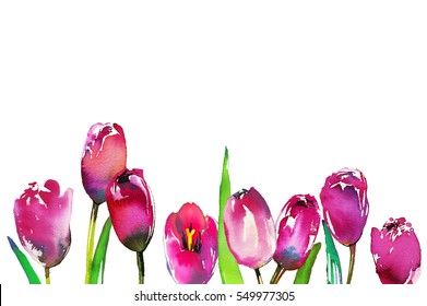 Pink tulips watercolor border frame isolated on white background. - Powered by Shutterstock