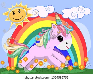 Pink Unicorn On Meadow Flowers Rainbow Stock Vector (Royalty Free ...