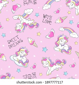 Pink unicorn pattern. Fashion illustration print in modern style for clothes or fabrics.