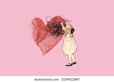 Pink Valentine's background with a crumpled texture, featuring a child drawing on a heart. The background is soft pink with a playful style. Pink aesthetic Valentine's background. - Powered by Shutterstock