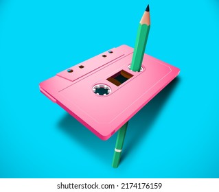 Pink Vibrant Compact Cassette 80s Styled With Music Or Data Tape And Green Pencil For Manual Rewind