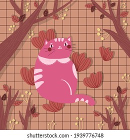 Pink Vintage Cat With Brown Leaf