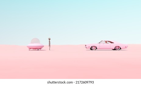 Pink Vintage Muscle Car UFO Flying Saucer Encounter Desert Sand Sunny Blue Sky Roswell New Mexico Incident Concept 3d Illustration Render