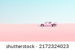 Pink Vintage Sports Car Desert Sand Blue Sky Sunny Road Trip Rest Break Isolated Driving Pastel Serene Tranquillity 3d illustration render