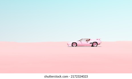 Pink Vintage Sports Car Desert Sand Blue Sky Sunny Road Trip Rest Break Isolated Driving Pastel Serene Tranquillity 3d Illustration Render