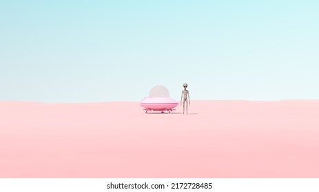 Pink Vintage UFO Flying Saucer Encounter Desert Sand Sunny Blue Sky Roswell New Mexico Incident Concept 3d Illustration Render