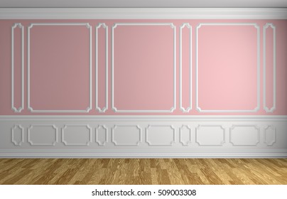 Pink wall with white moldings and decorations on wall in classic style empty room with wooden parquet floor and white baseboard, classic style architectural background 3d illustration interior