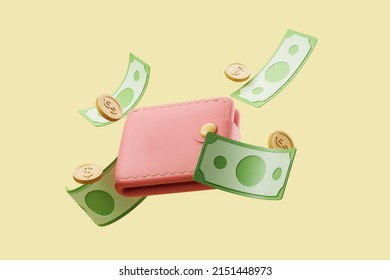 Pink Wallet And Banknote With Coins Falling On Light Yellow Background. Concept Of Money, Payment And Income. 3D Rendering
